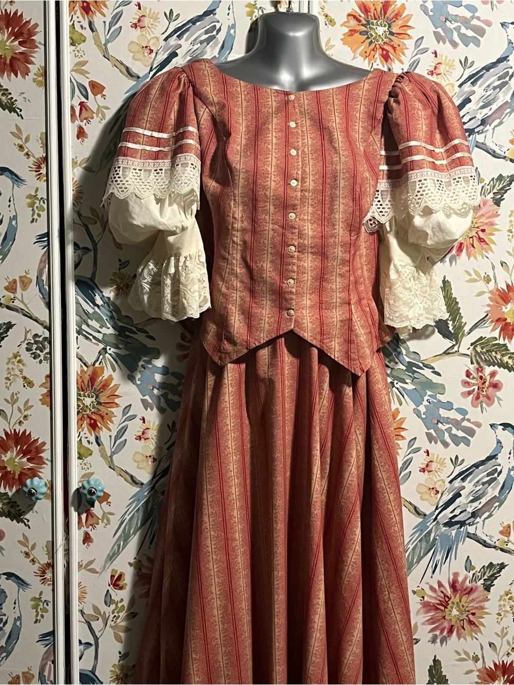 Recollections: Victorian-Inspired Striped Rust Dress with Lace Sleeves
